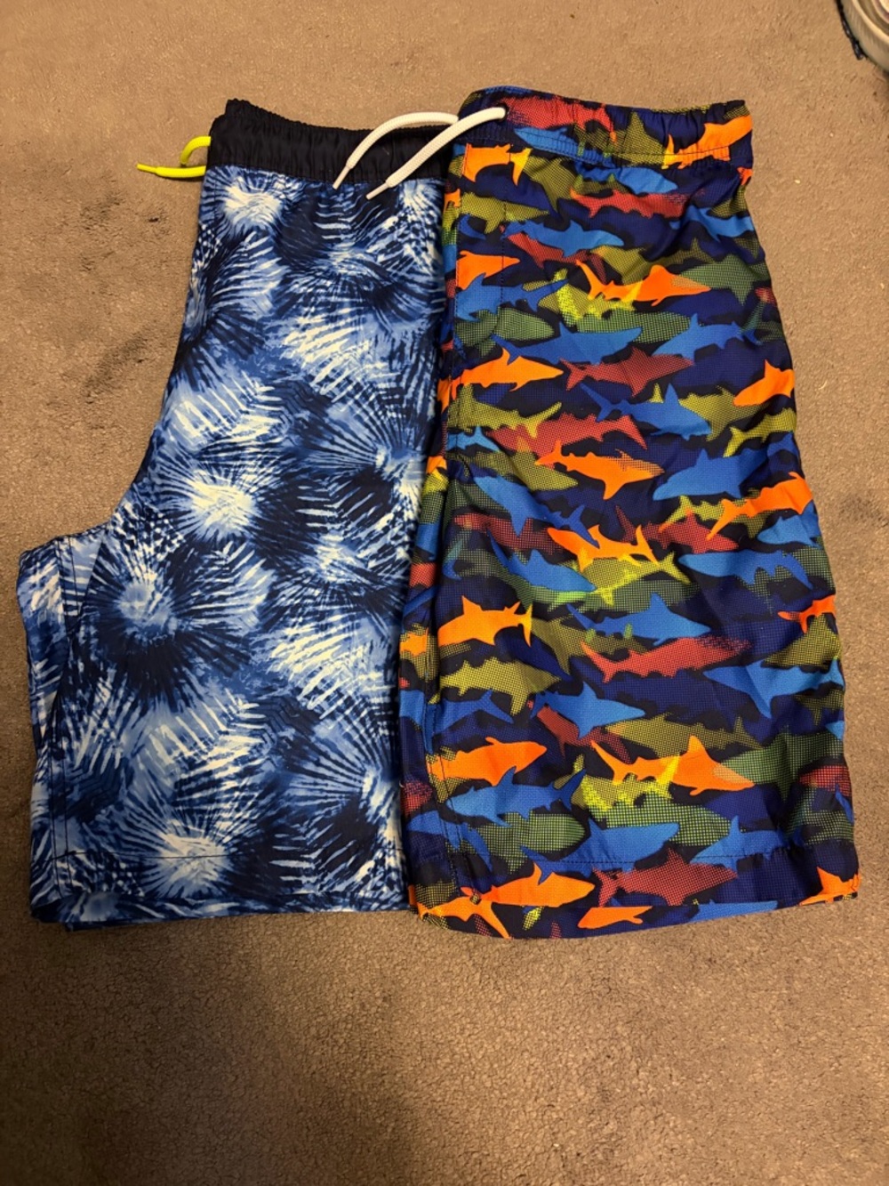 Boys' Swim Shorts - Blue Tie-Dye & Colorful Shark Print with back pockets
